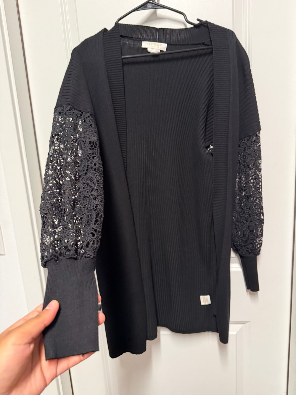 Cocobleu Black Long Cardigan with Lace Sleeves Size Large